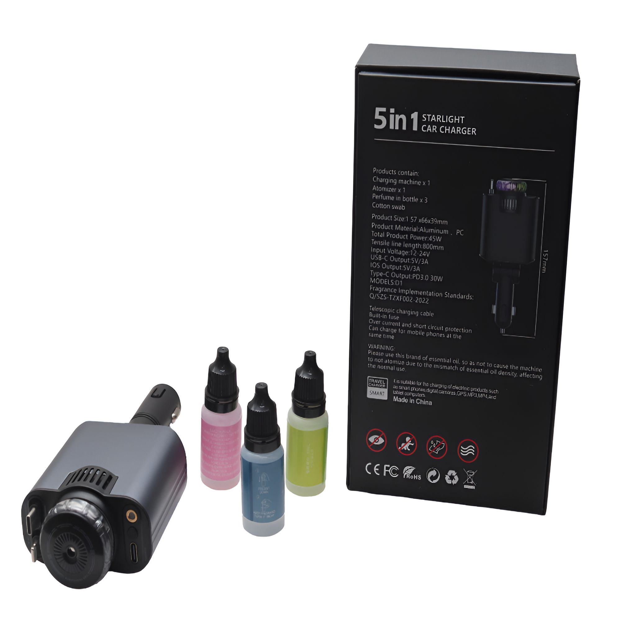 5 in 1 Car Charger with Perfume Diffuser Buy the 5 in 1 Car Charger with Perfume Diffuser in Kenya. Charge multiple devices simultaneously while enjoying a fresh and pleasant car interior. Features fast charging ports, built-in cables, and an integrated fragrance diffuser.